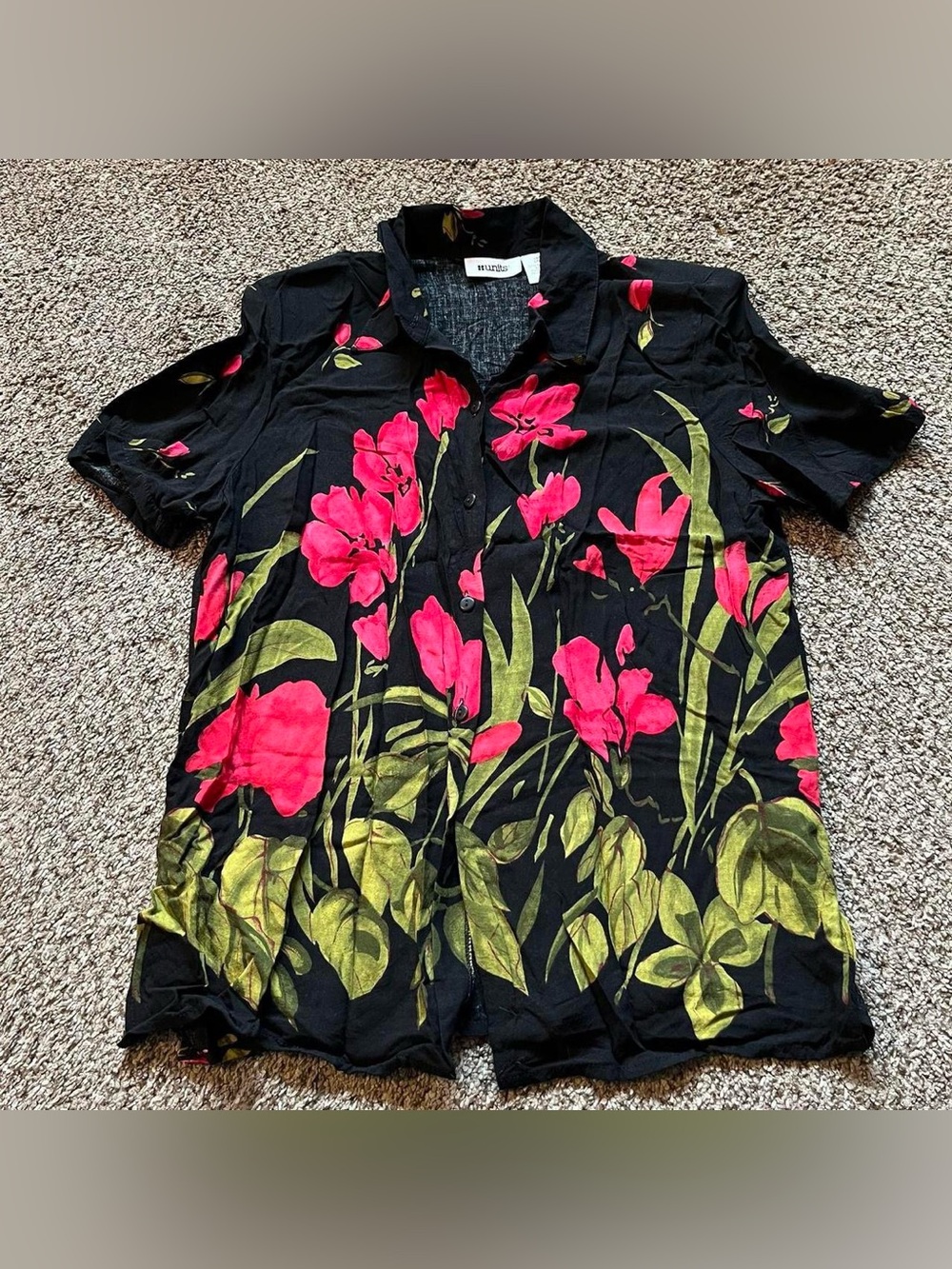 Units black + pink/green floral print button up blouse